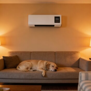 A woman in her rented lounge room with the unit running