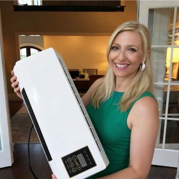 A woman at home beside a BlizzAir unit